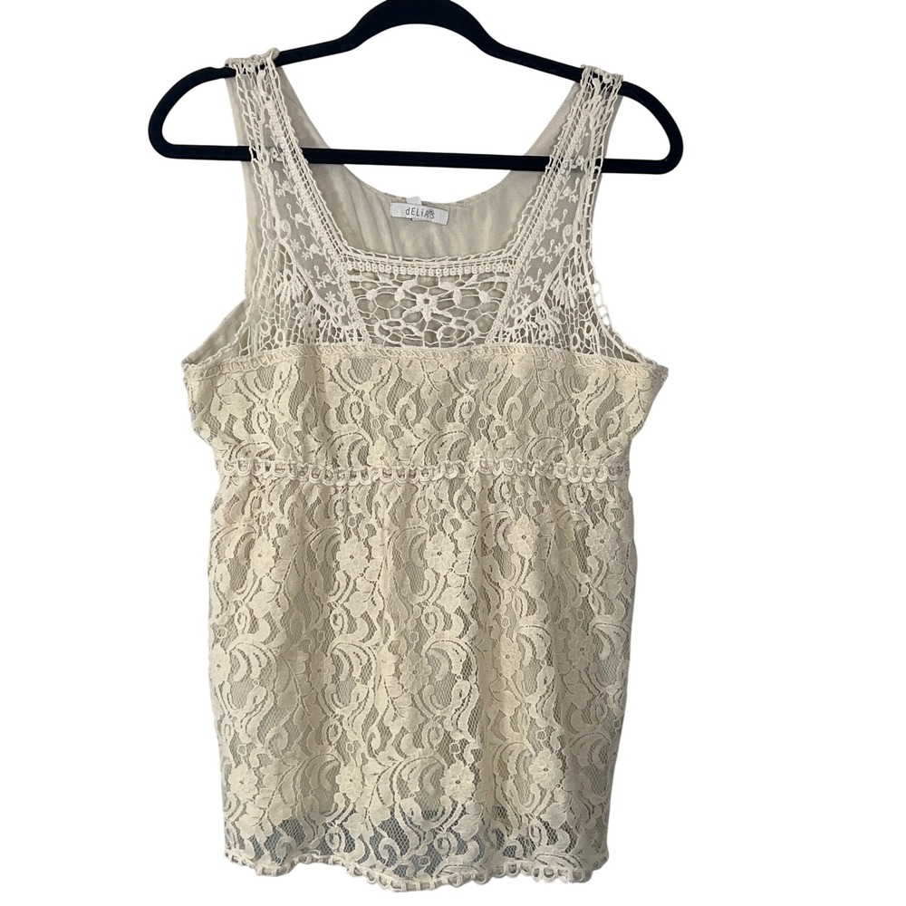 Delias Vintage Y2K‎ Cream Lace Tank Top Large Boho Cottagecore Grannycore